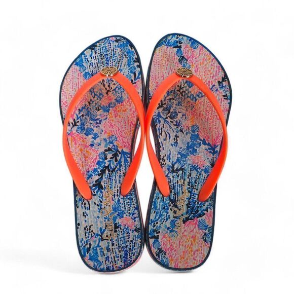 Lilly Pulitzer Thong Flip Flip Sandals Blue / Coral Women's 7-8 - Picture 6 of 9